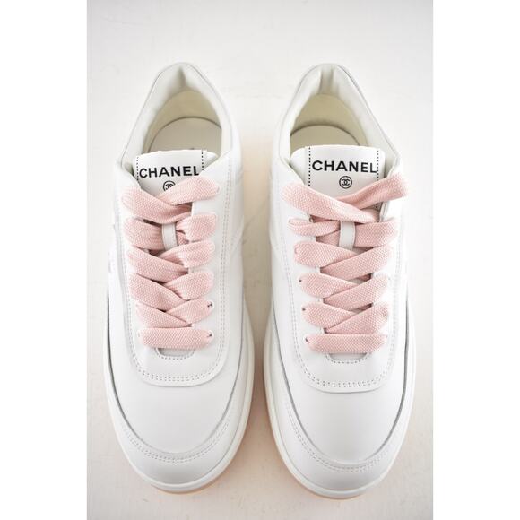 Chanel 24P White Pink Leather CC Logo Flat Lace Up Runner Trainer Sneaker 42 - Picture 7 of 15